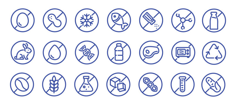 Allergen free badges. No sugar, gluten, lactose, oil free editable stroke thin outline icons set isolated on white background flat vector illustration. Pixel perfect. 64 x 64.