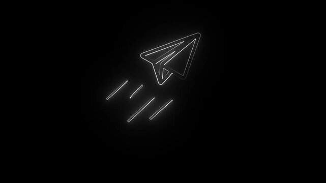 neon Send Message faster icon with Paper Plane Animation.Flying paper plane black background.