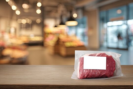 Raw red meat steak packaged with a blank label in a grocery store