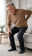 Fototapeta premium Senior man touching back and knee while suffering from pain. Elderly male with joint discomfort standing up from sofa. Medical health status and aging body ache concept.
