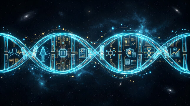 Futuristic glowing blue dna double helix intertwined with digital circuit board elements ai human anatomy and scientific data visualizations against a cosmic starry background