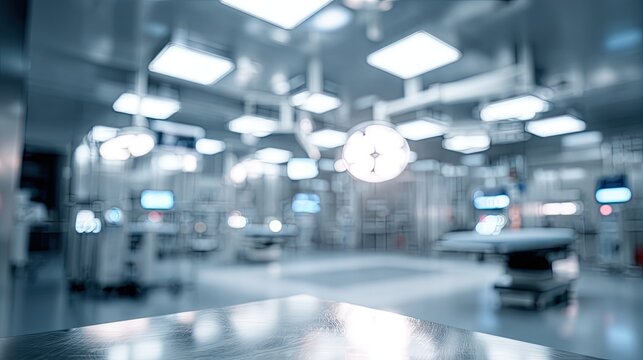 Blurry, modern operating room with bright lights and medical equipment
