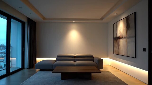 Modern style living room interior scene, modern simple living room light exhibition