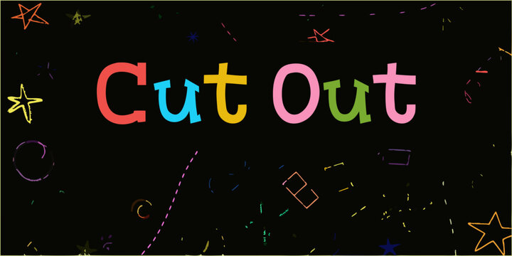 Cut out display font with colorful scattered shapes on black background