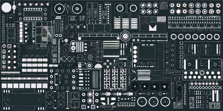 Collection Of Mechanical Components Dark Silhouette On Black Background