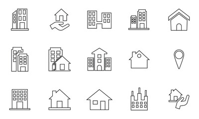 Fototapeta premium Real Estate, Property, Building and House Icons Set – Residential, Commercial, Location and Construction Vector Collection.