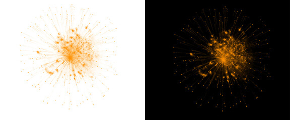 Orange firework explosion effect, glowing golden spark burst on black and white background, festive pyrotechnic light display for celebration © Joba