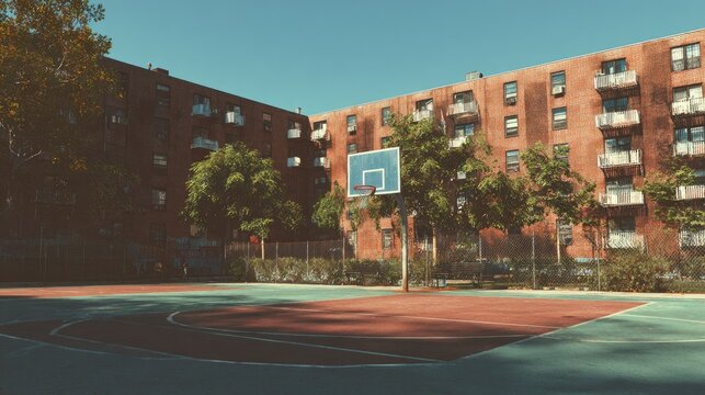 Urban basketball court with apartment buildings and trees under a clear sky