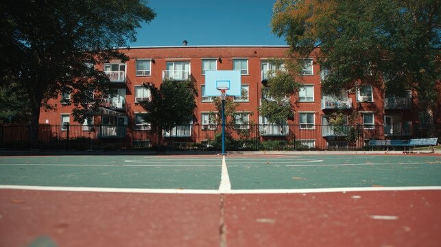 Outdoor basketball court with apartment building in background