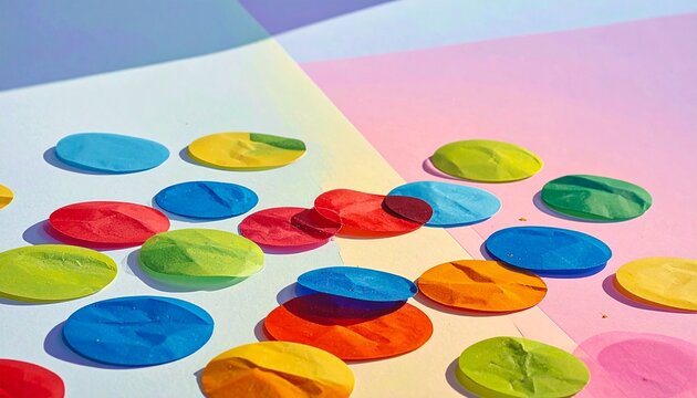 Colorful circular confetti scattered overlapping across surface, vibrant shades blue pink red yellow green purple, festive joyful dynamic pattern, symbolic representation of celebration, energy, happi