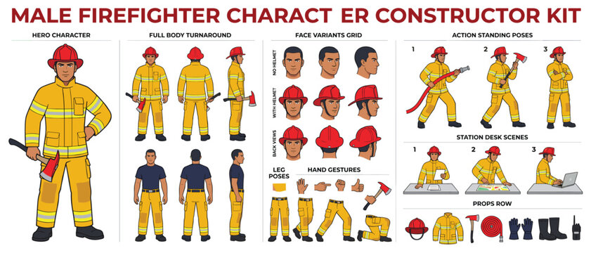 Firefighter male character constructor kit vector with action poses, station desk scenes, face variants, hand gestures and rescue props for safety animation