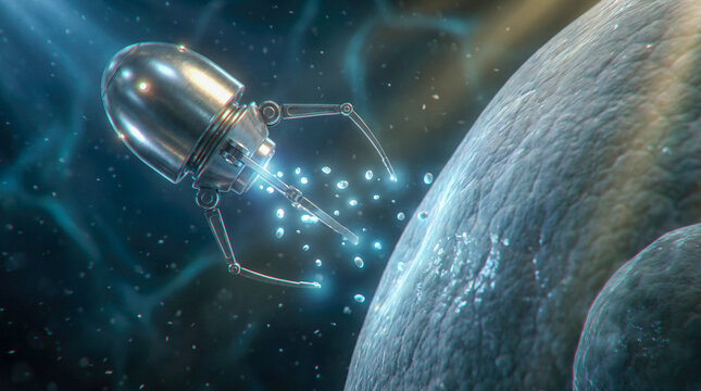 Futuristic silver medical nanobot injecting medicine inside gian