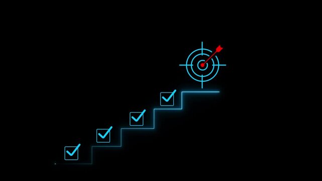 Neon blue staircase with checkmarks on black background success concept goal achievement