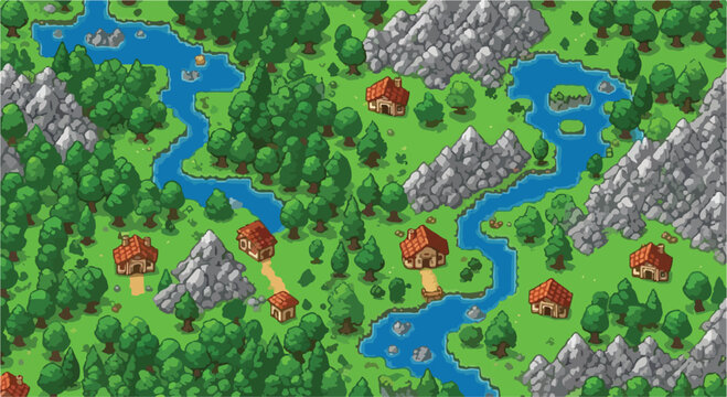 Pixel art fantasy world map, retro 8-bit video game landscape with mountains and river, isometric village forest level design vector