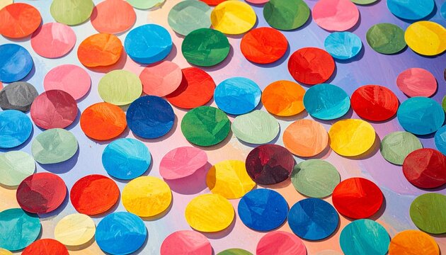 Colorful circular confetti scattered overlapping across surface, vibrant shades blue pink red yellow green purple, festive joyful dynamic pattern, symbolic representation of celebration, energy, happi