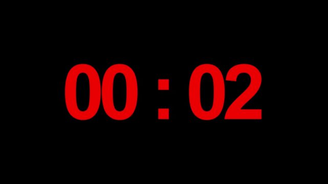 Timer displaying two seconds remains shown in bold glowing red digital font against a deep pitch black background to indicate a brief duration countdown for a critical and urgent project task period.