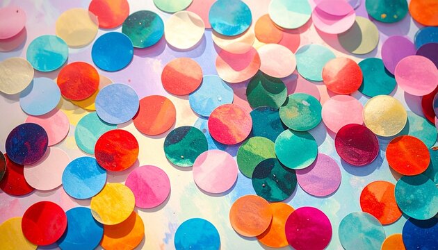 Colorful circular confetti scattered overlapping across surface, vibrant shades blue pink red yellow green purple, festive joyful dynamic pattern, symbolic representation of celebration, energy, happi