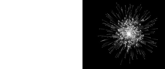 Explosive white particle burst on black background, dynamic energy splash illustration, abstract light rays and glowing dust fragments © Joba