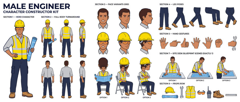 Engineer male character constructor kit vector with blueprint desk scenes, site poses, face variants, hand gestures and construction props for industry animation
