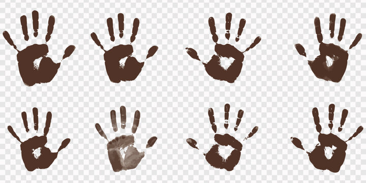 hand prints vector illustration, Set of eight dark brown handprint imprints on a white background mark, Human hand palm print silhouette illustration line art vector graphic design icon set.