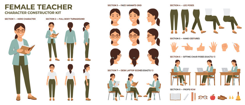Teacher female character constructor kit vector with classroom desk scenes, sitting poses, face variants, hand gestures and school props for education animation
