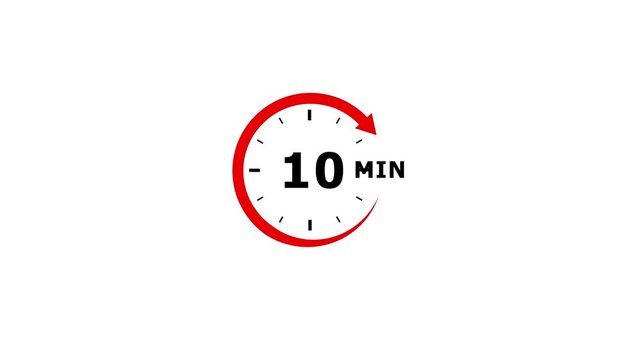 A minimalist circular timer icon displaying ten minutes with a red arrow indicating a countdown on a clean white background with small black tick marks representing seconds or minutes