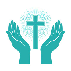 Fototapeta premium Christian cross with hands and light rays