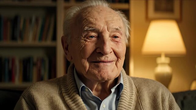 Smiling old man indoors, close-up of the smiling kind old man