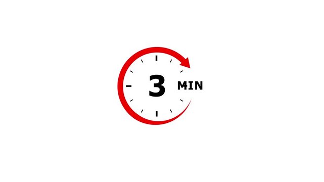 A simple circular timer graphic with a red arrow indicating a countdown of three minutes, featuring black numerals and tick marks against a stark white background for clear visibility