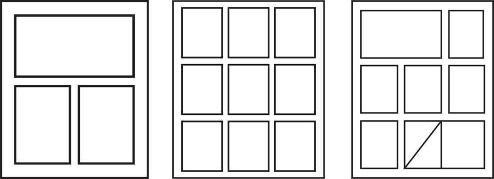 Modern blank comics black book page. Grids for manga storyboards. Manga collage blank template. Empty page frame for comic book. Anime comic page panels isolated