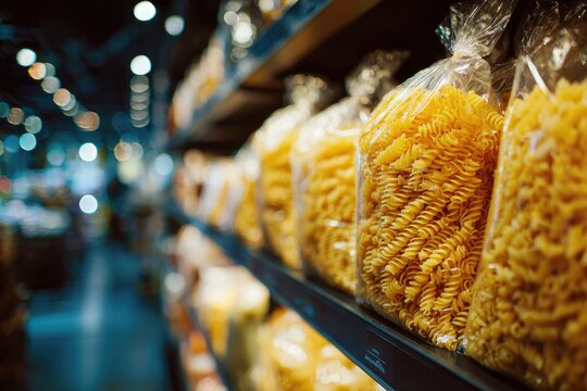Rows of packaged spiral pasta on grocery store shelves, blurred background
