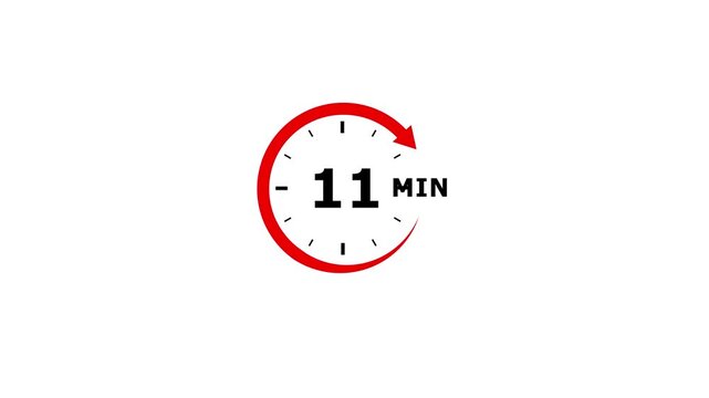 A minimalist graphic of a circular timer icon featuring the number eleven with the abbreviation MIN and a red arrow on a plain white background, representing a set time period or countdown