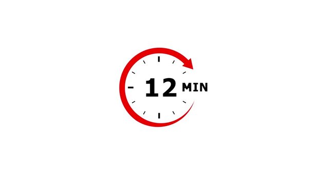 A simple and clean circular timer icon displaying the number twelve with the abbreviation MIN and a red arrow on a white background, indicating a specific time duration or countdown