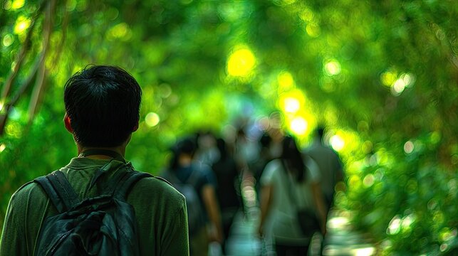 Person with backpack walks down a lush green tunnel-like path with others ahead