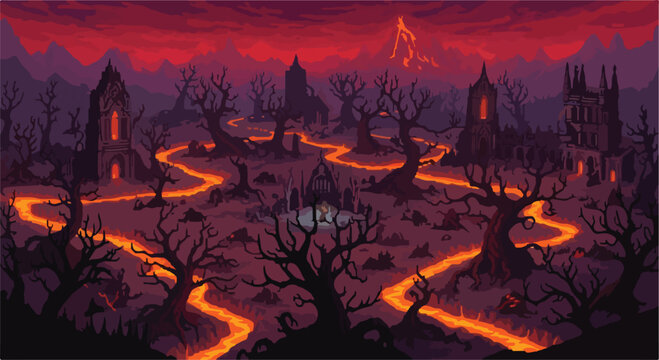Dark fantasy pixel art landscape, hellish underworld with lava rivers and dead trees, spooky gothic ruins in a demonic wasteland vector illustration