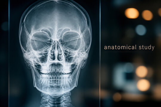 A frontal X-ray of a human skull is displayed against a blurred, dark background.