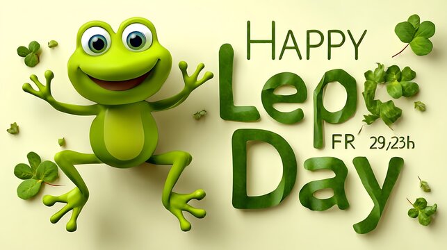 Happy leap day green frog with yellow eyes and orange feet holding calendar date