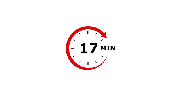 A simple and direct graphic icon illustrating a seventeen minute time frame with a red circular arrow and black text on a pristine white background