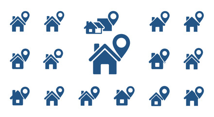 Fototapeta premium Blue location pin icons on house silhouettes for navigation and real estate applications
