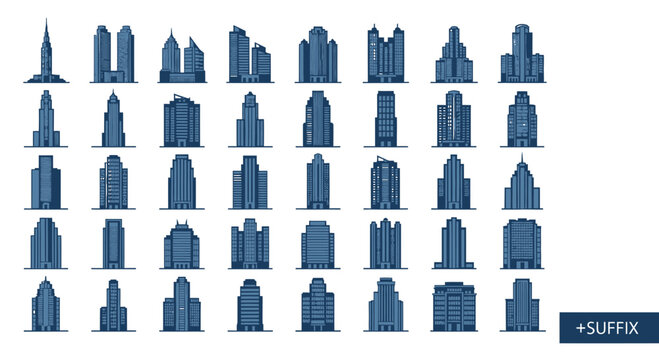 Blue vector skyline silhouette icons with suffix badge for urban design elements