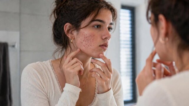 Young woman looking her acne scars on the mirror.