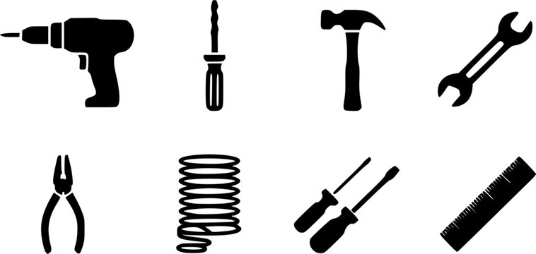 Industrial hand tools and hardware equipment icon set featuring black silhouettes of an electric drill, screwdrivers, hammer, wrench, pliers, coil spring, and ruler.