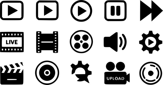 Video player and multimedia interface icon set featuring black silhouettes of play pause fast forward buttons live streaming film strips and upload symbols.