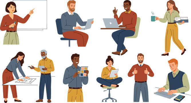 Casual business people character vector set with diverse creative office workers employees freelancers and student interns working isolated on white background