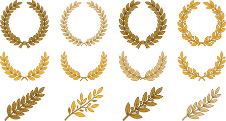Golden laurel wreath collection vector illustration set with olive branch elements for award, champion achievement, triumph success and heraldic design emblem © KHATUN