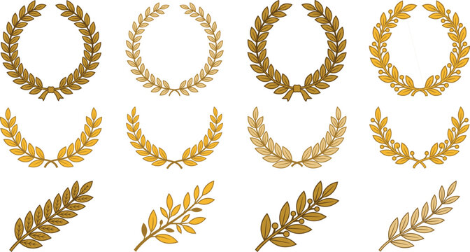 Golden laurel wreath collection vector illustration set with olive branch elements for award, champion achievement, triumph success and heraldic design emblem