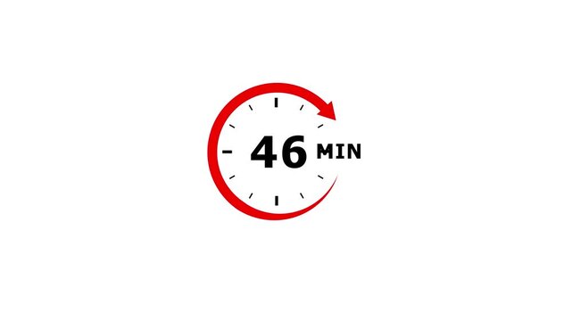 A functional red circular timer icon displaying the number 46 with the abbreviation MIN and a red arrow indicating elapsed or remaining time on a simple white background
