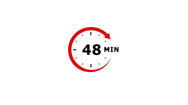 A clear, simple, and bold graphic illustration of a circular timer icon displaying the number 48 with the abbreviation MIN next to it, indicating a duration of forty-eight minutes, set against a