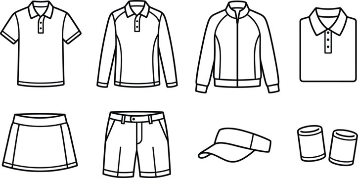 Golf apparel and tennis sportswear line icon vector set with polo shirt jacket skirt shorts visor cap and wristbands mockup isolated on white background