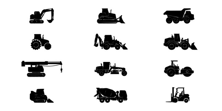Construction Machinery Silhouettes in Black and White Vector Illustration Featuring Excavator, Bulldozer, Dump Truck with Tractor and Backhoe